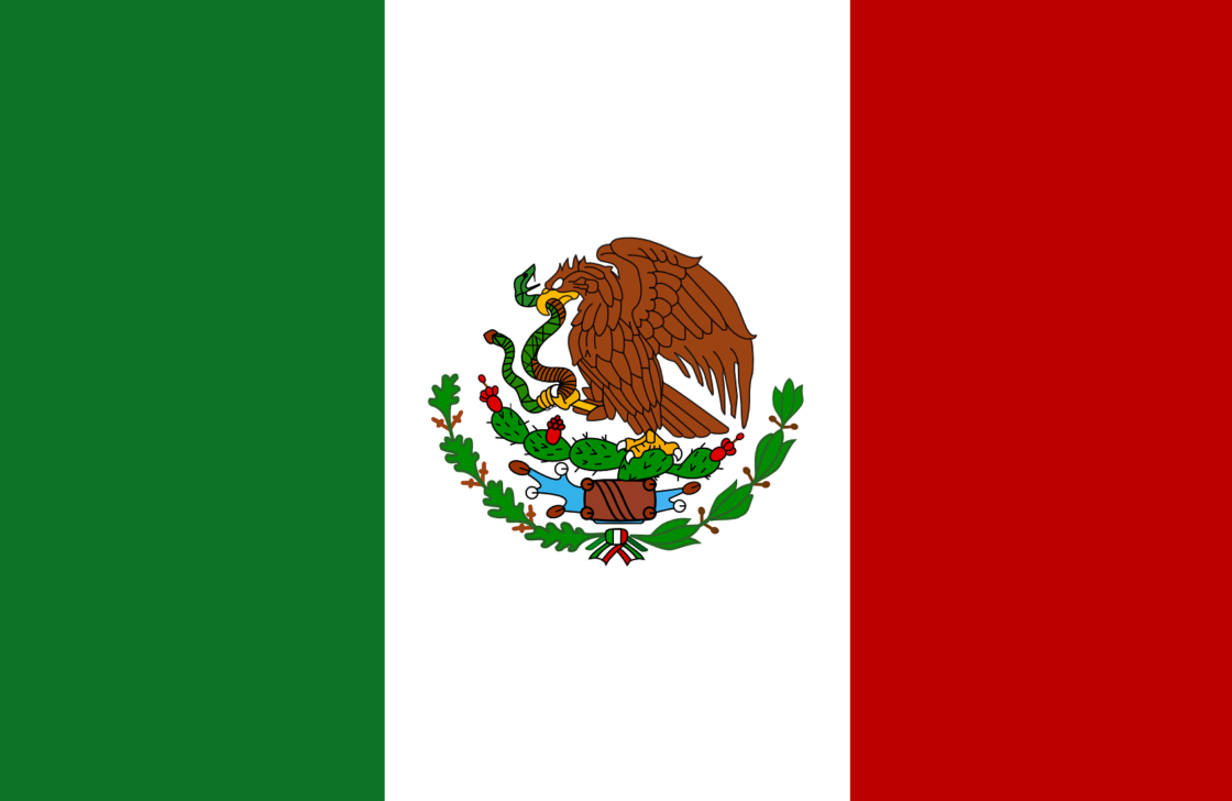 The national flag of Mexico. A vertical tricolor of green, white, and red with the national coat of arms charged in the center of the white stripe.