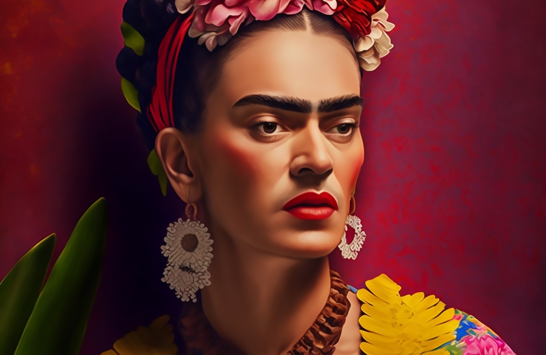 Frida Khalo, a famous artist from Mexico, wearing flowers in her hair and colorful clothing.